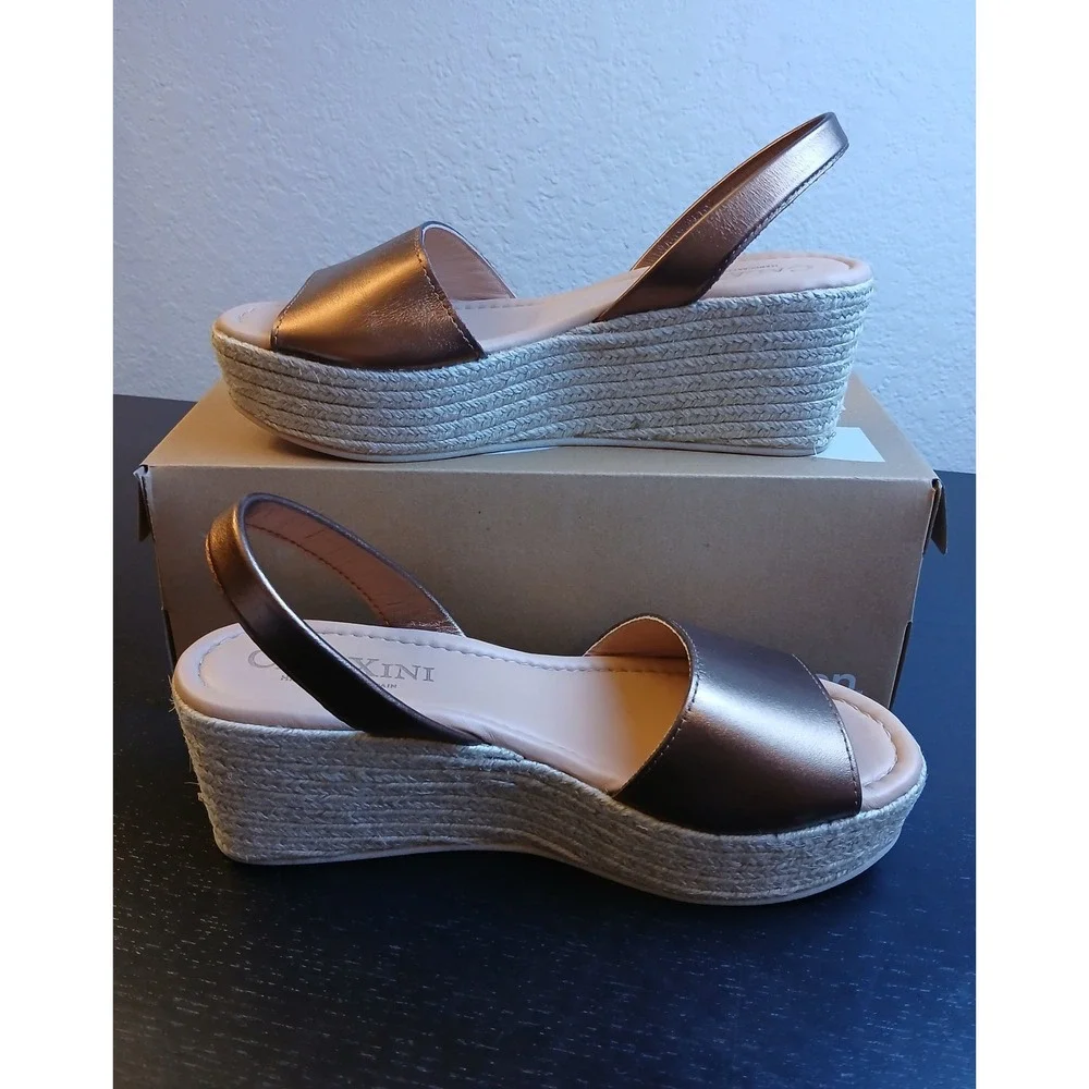Calaxini Women Bronze Metallic Leather Espadrille Wedge Sandals EU 37 Made Spain